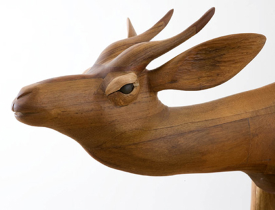 Dido Crosby carved wooden Antelope, detail of headwith inset pebble eyes