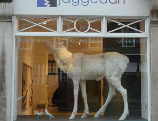 Dido Crosby White plaster Stag in the window of Jagged Art Gallery, Marylebone, London