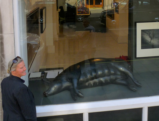 Dido Crosby Large Black Sow in the window of Jagged Art, Marylebone, London
